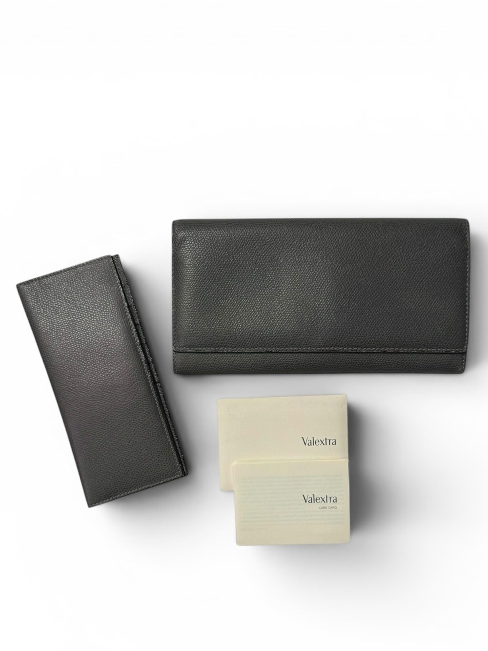 Valextra Charcoal Gray Pebbled Leather Long Wallet and 12 Card Holder Set (EUC)